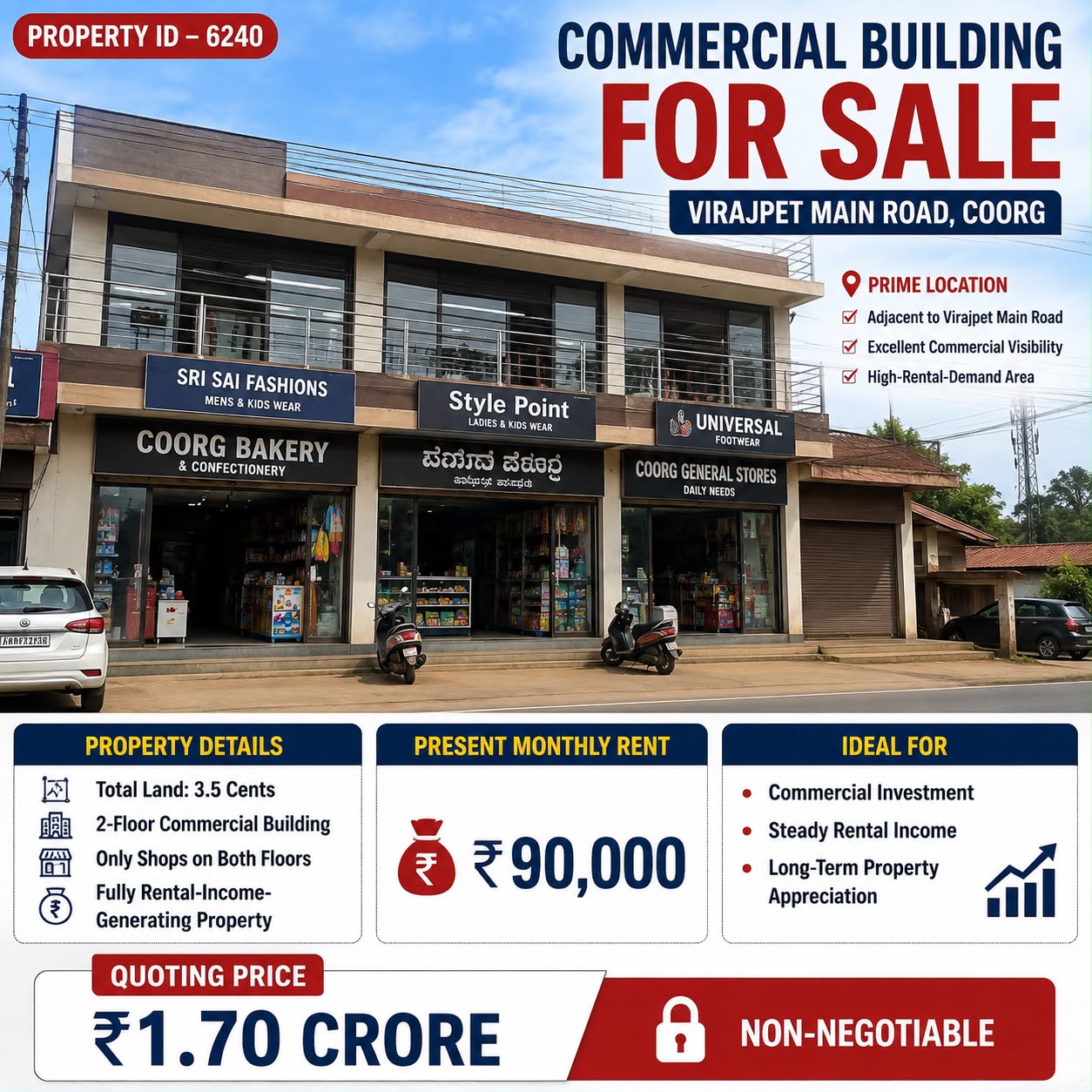 🆔 *PROPERTY ID – 6240* 🏢 *Commercial Building for Sale – Virajpet Main Road, Coorg